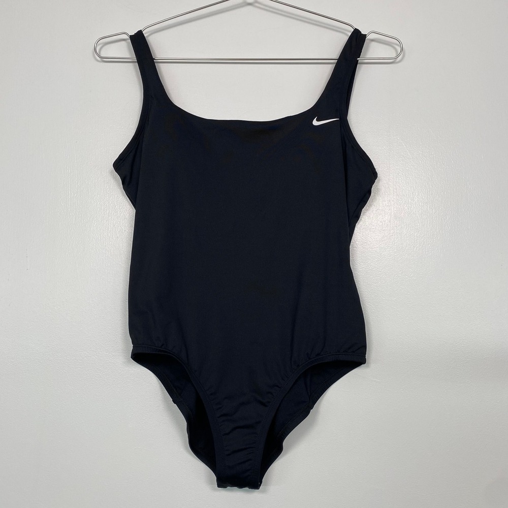 Nike Women Swimsuit One Piece Size M Black Scoop Neck Athletic Swoosh NESSA223